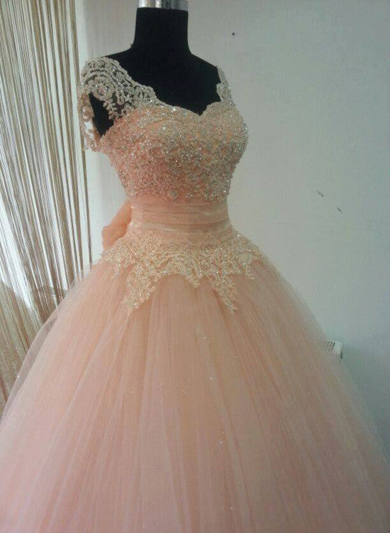 Pink Gorgeous Formal Gown, Floor Length Party Dresses, Lace Applique Prom Dresses