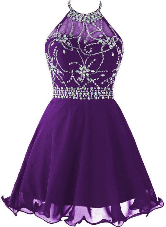 Beautiful Purple Chiffon Halter Beaded Homecoming Dress, Knee Length Party Dress