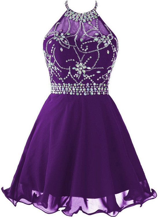 Beautiful Purple Chiffon Halter Beaded Homecoming Dress, Knee Length P – Cutedressy