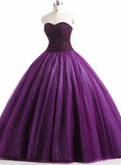 Gorgeous Purple Beaded Tulle Ball Gown Sweet 16 Dress, Purple Quinceanera Dress