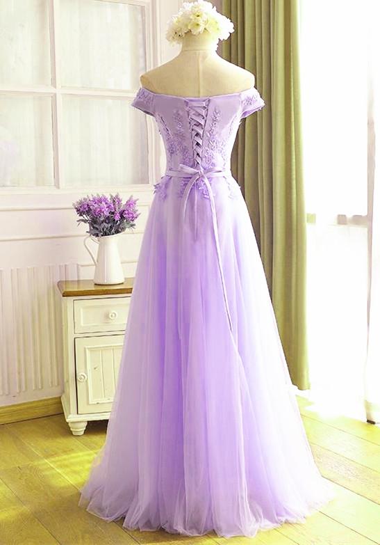 Beautiful Lavender Tulle Off Shoulder Party Dress, Light Purple Bridesmaid Dress