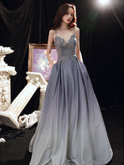 Beautiful Lavender Gradient Beaded Straps Long Formal Dress, A-line Low Back Prom Dress