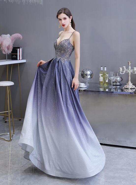 Beautiful Lavender Gradient Beaded Straps Long Formal Dress, A-line Low Back Prom Dress