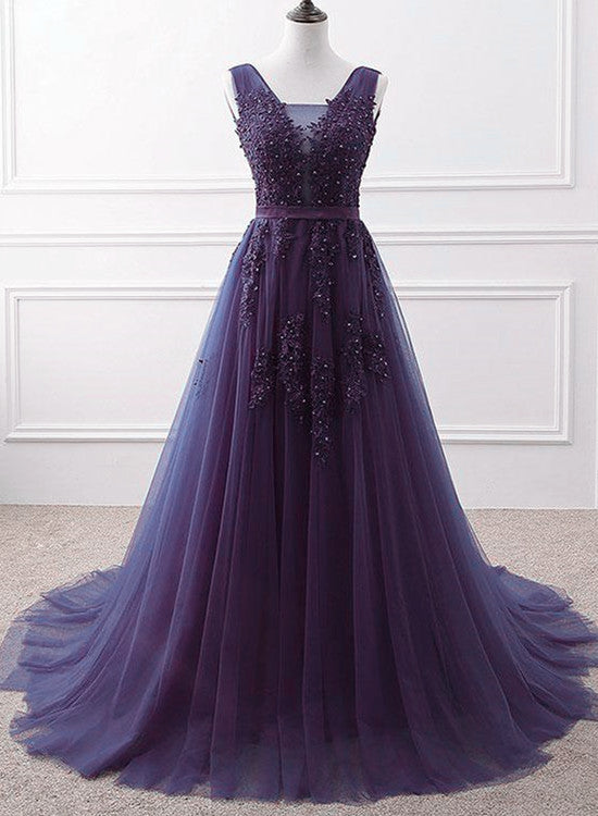 Lovely Purple Handmade Tulle V-neckline Long Party Dress, Purple A-line Bridesmaid Dress
