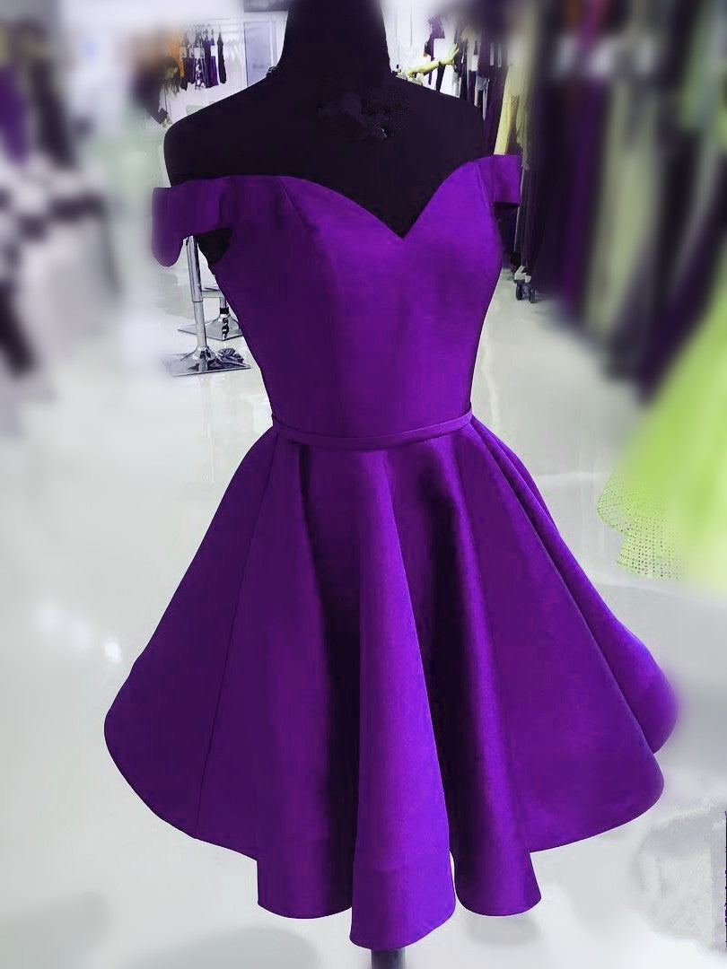 Purple Satin Off Shoulder Short Cute Homecoming Dress, Purple Prom Dre – Cutedressy