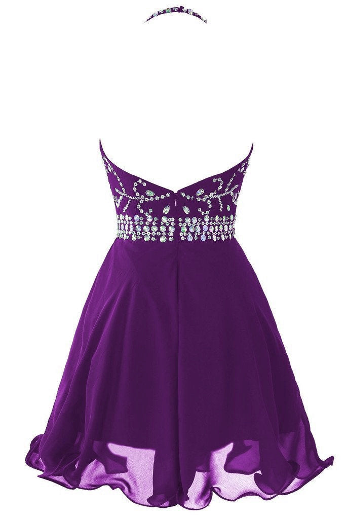 Beautiful Purple Chiffon Halter Beaded Homecoming Dress, Knee Length P Cutedressy Beautiful Purple Chiffon Halter Beaded Homecoming Dress, Knee Length P Cutedressy
