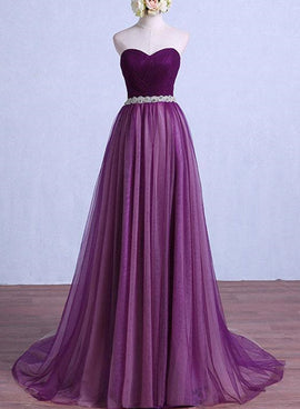 Purple Tulle Sweetheart Long Wedding Party Dress with Belt, Purple Prom Dress Bridesmaid Dress