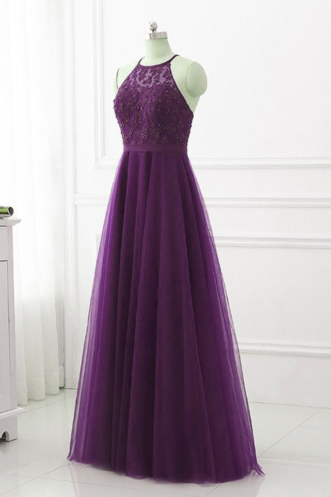 Purple Halter Tulle with Lace Applique Long Prom Dress, A-line Floor L ...