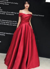 Beautiful Red Satin Off Shoulder Long Party Dress, Red Prom Dress