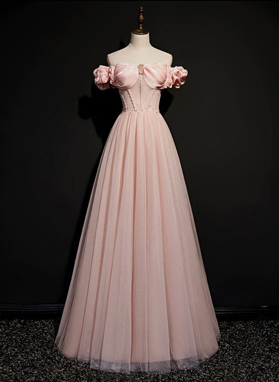 Pink Sweetheart Beaded Tulle Long Prom Dress, A-line Pink Evening Dress