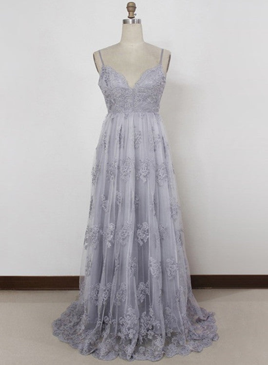 Grey Lace and Tulle Elegant Sweetheart Long Prom Dress , Charming Formal Dresses, Evening Gowns