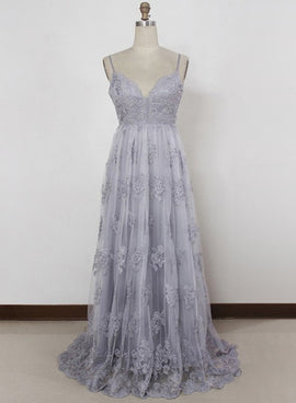 Grey Lace and Tulle Elegant Sweetheart Long Prom Dress , Charming Formal Dresses, Evening Gowns