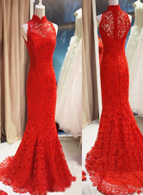 red lace mermaid long party dress
