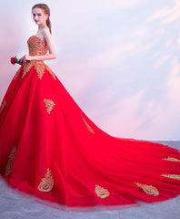 Red Sweetheart Tulle with Gold Lace Applique Prom Gowns, Party Dresses , Formal Gowns