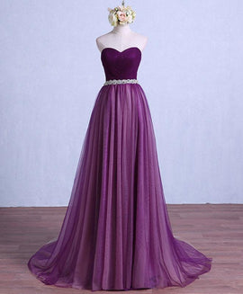 Purple Tulle Sweetheart Long Wedding Party Dress with Belt, Purple Prom Dress Bridesmaid Dress