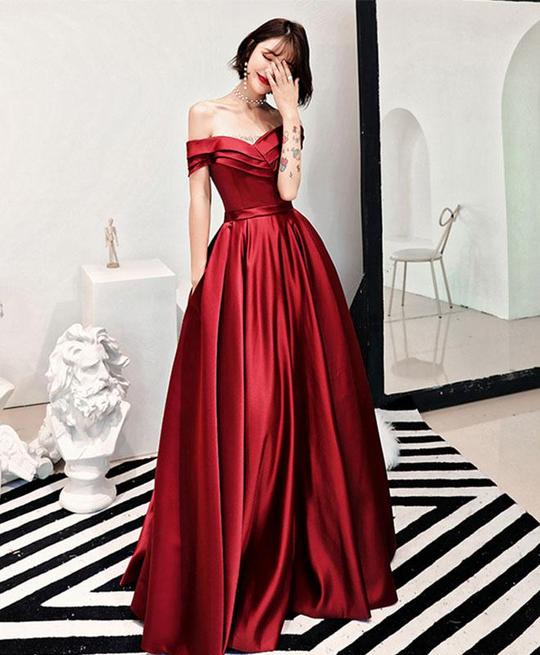 Charming Dark Red Satin Floor Length Off Shoulder Party Gown, Prom Dress