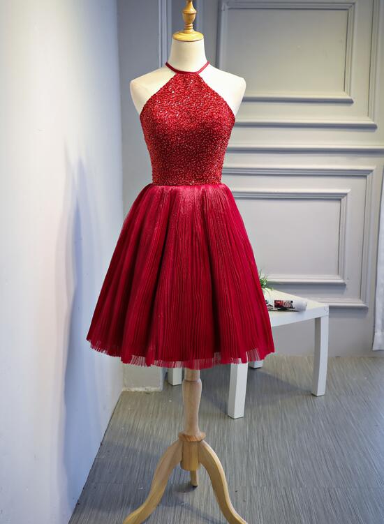 Red Halter Beaded Short Party Dress, Beaded and Sequined Party Dress, Homecoming Dresses