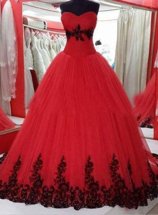 Red Sweetheart Formal Gowns with Black Applique, Charming Party Gowns, Wedding Dresses