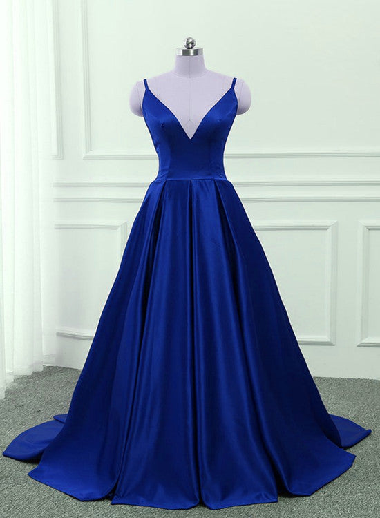 Royal Blue V-neckline Satin Prom Gowns, Blue Prom Dress , Cross Back Dresses