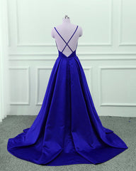 Royal Blue V-neckline Satin Prom Gowns, Blue Prom Dress , Cross Back Dresses
