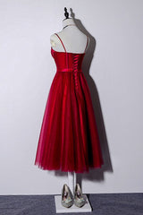 Beautiful Dark Red Tea Length Straps Wedding Party Dress, Homecoming Dress