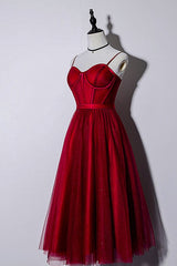 Beautiful Dark Red Tea Length Straps Wedding Party Dress, Homecoming Dress