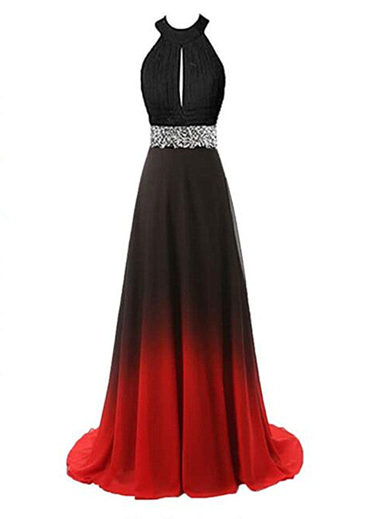 Beautiful Gradient Color Halter Beaded Party Dress, Red and Black Prom Dress