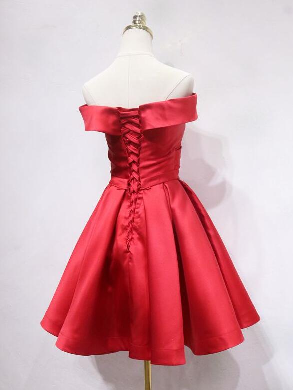 Red Satin Off Shoulder Short Party Dress, Red Homecoming Dress Prom Dress