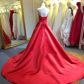 Red Satin Scoop Long Simple Wedding Party Dress, Red Satin Formal Gown