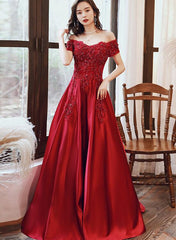 Red Satin Short Sleeves with Lace Applique A line Formal Dress, Red Evening Gown Party Dress