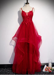Red Lace Tulle Layered Straps Fashionable Long Party Dress, Long Prom Gown 