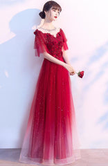 Charming Red Tulle Off Shoudler Gradient Party Dress, A-line Prom Dress 2021