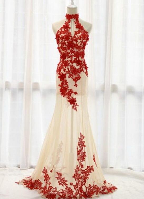 Sexy Red Lace Applique See Through Mermaid Gown, Red Prom Dresses , Formal Gowns