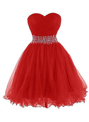 Red Beaded Sweetheart Tulle Homecoming Dress, Red Party Dress