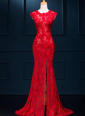Beautiful Red Lace Mermaid Slit Evening Gowns, Red Formal Gowns, Red Party Dress