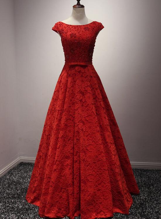 Red Lace Long A-line Elegant Handmade Beaded Prom Gowns, Red Evening Formal Dress, Lace Party Gowns