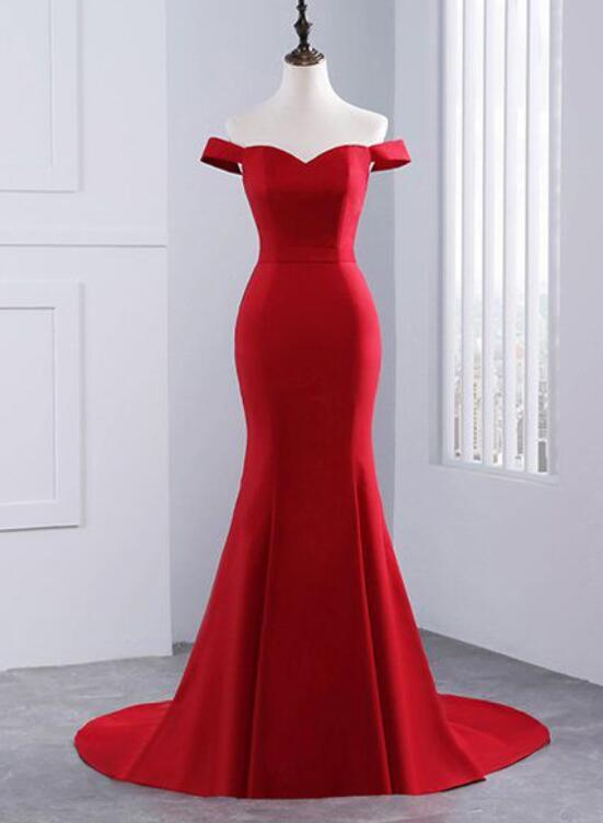 Red Off The Shoulder Sweetheart Mermaid Long Prom Dress With Sweep Train, Red Evening Dress