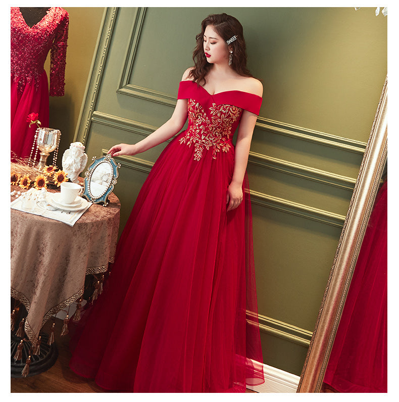 Red Plus Size Tulle Off Shoulder Long Evening Dress, Red A-line