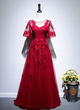 Beautiful Red Short Sleeves Tulle Prom Dress, Red Long Evening Gown