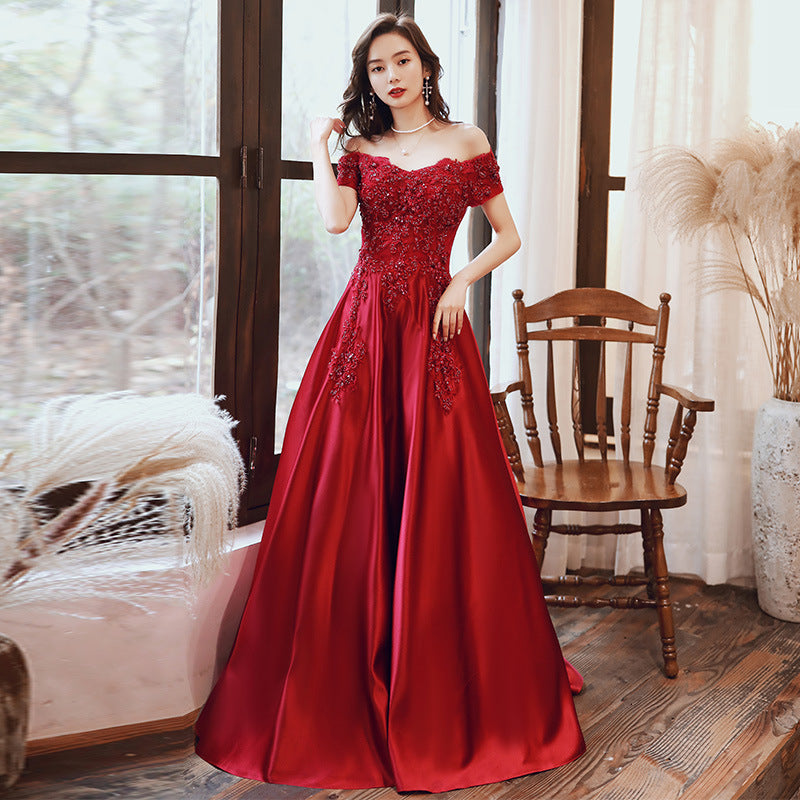 Red Satin Short Sleeves with Lace Applique A line Formal Dress, Red Evening Gown Party Dress
