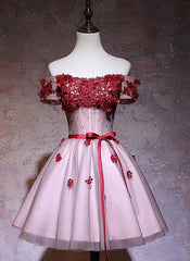 Cute Red Off Shoulder Tulle Lace Applique Homecoming Dress, Red Short Prom Dress
