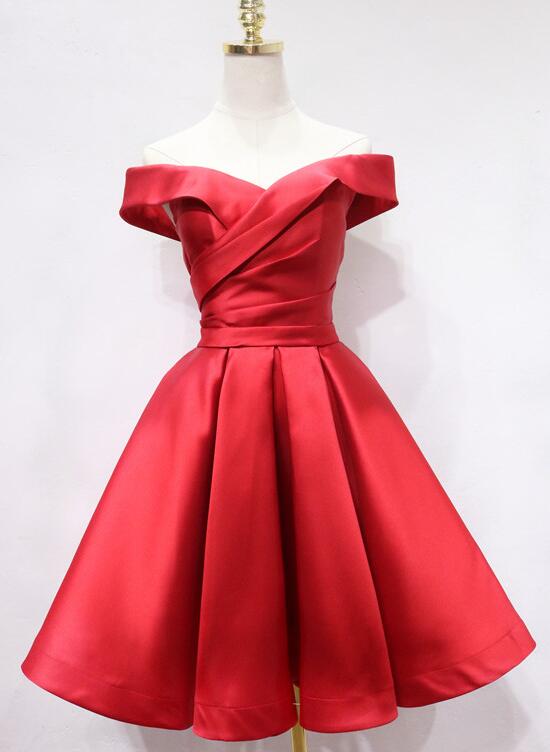 Red Satin Off Shoulder Short Party Dress, Red Homecoming Dress Prom Dress