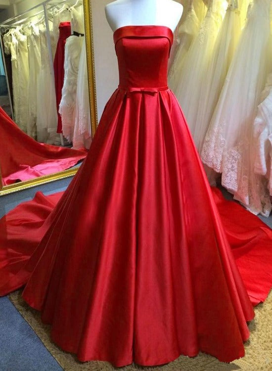 Red Satin Scoop Long Simple Wedding Party Dress, Red Satin Formal Gown