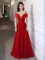 Red Tulle Sweetheart Elegant Long Formal Dress, Red Party Dress Wedding Party Dress