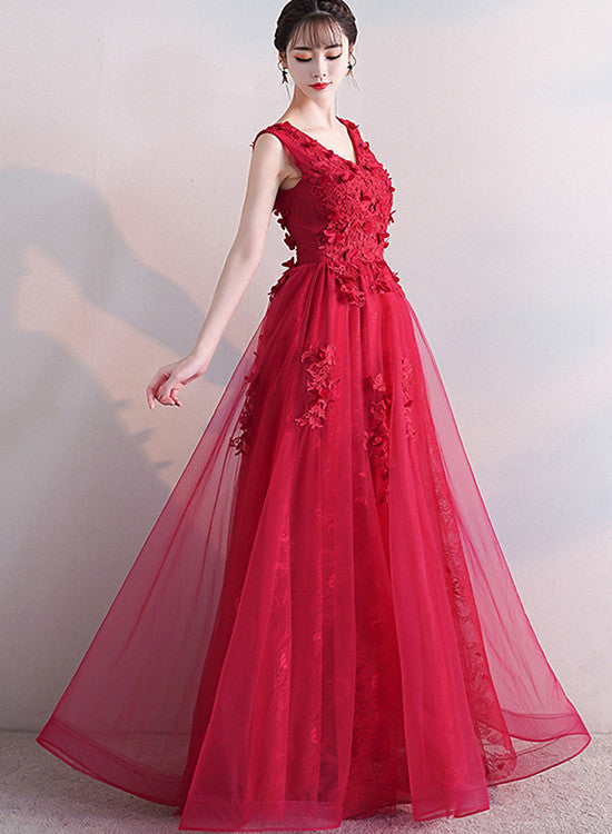 Beautiful Red V-neckline Tulle Long Party Dress with Lace, Red Prom Dress