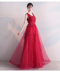 Beautiful Red V-neckline Tulle Long Party Dress with Lace, Red Prom Dress