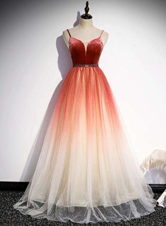 Beautiful Red Velvet and Gradient Tulle Beaded Party Dress, Straps Long Formal Gown