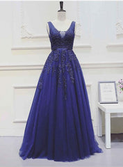 Royal Blue Beautiful Tulle V-neckline Party Dress, Blue Party Gowns, Blue Prom Dress