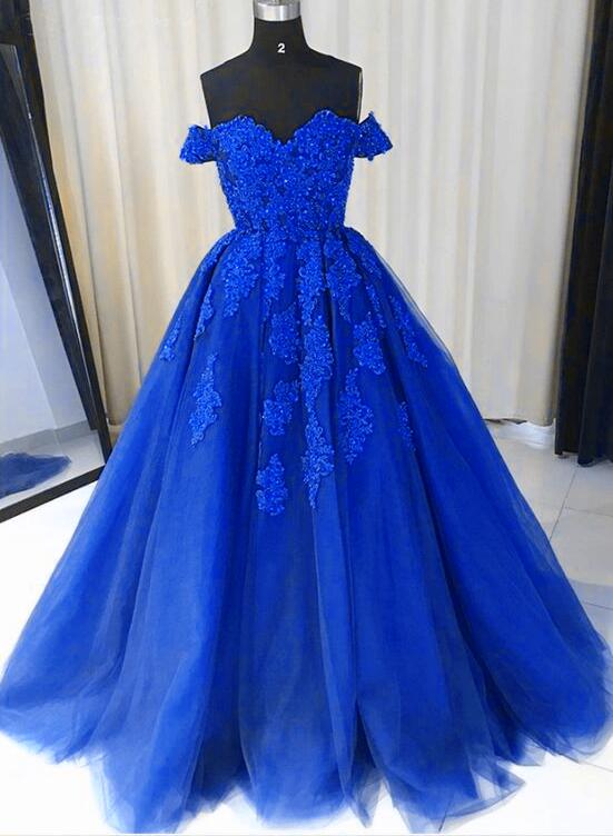 Royal Blue Tulle Gown, Lace Applique Off Shoulder Party Dress, Prom Dress Sweet 16 Dress