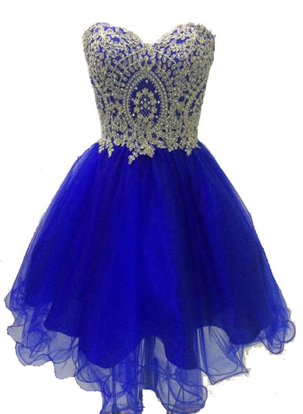 Royal Blue Tulle with Gold Applique Short Prom Dress Blue Homecoming Cutedressy